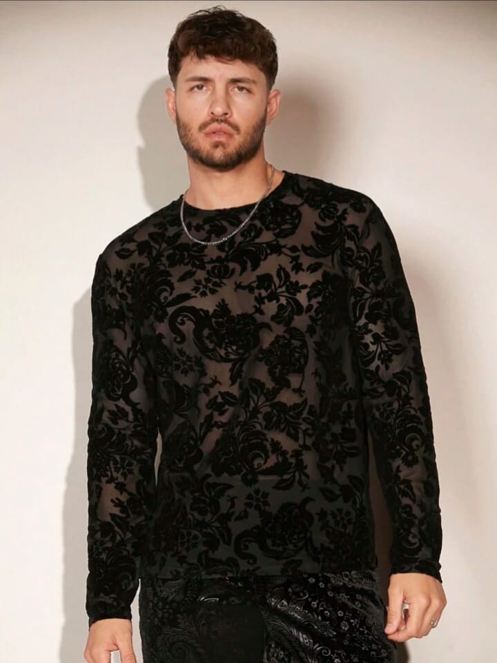 Bonga Boys Men Floral Print Sheer Mesh Long Sleeve Tshirt